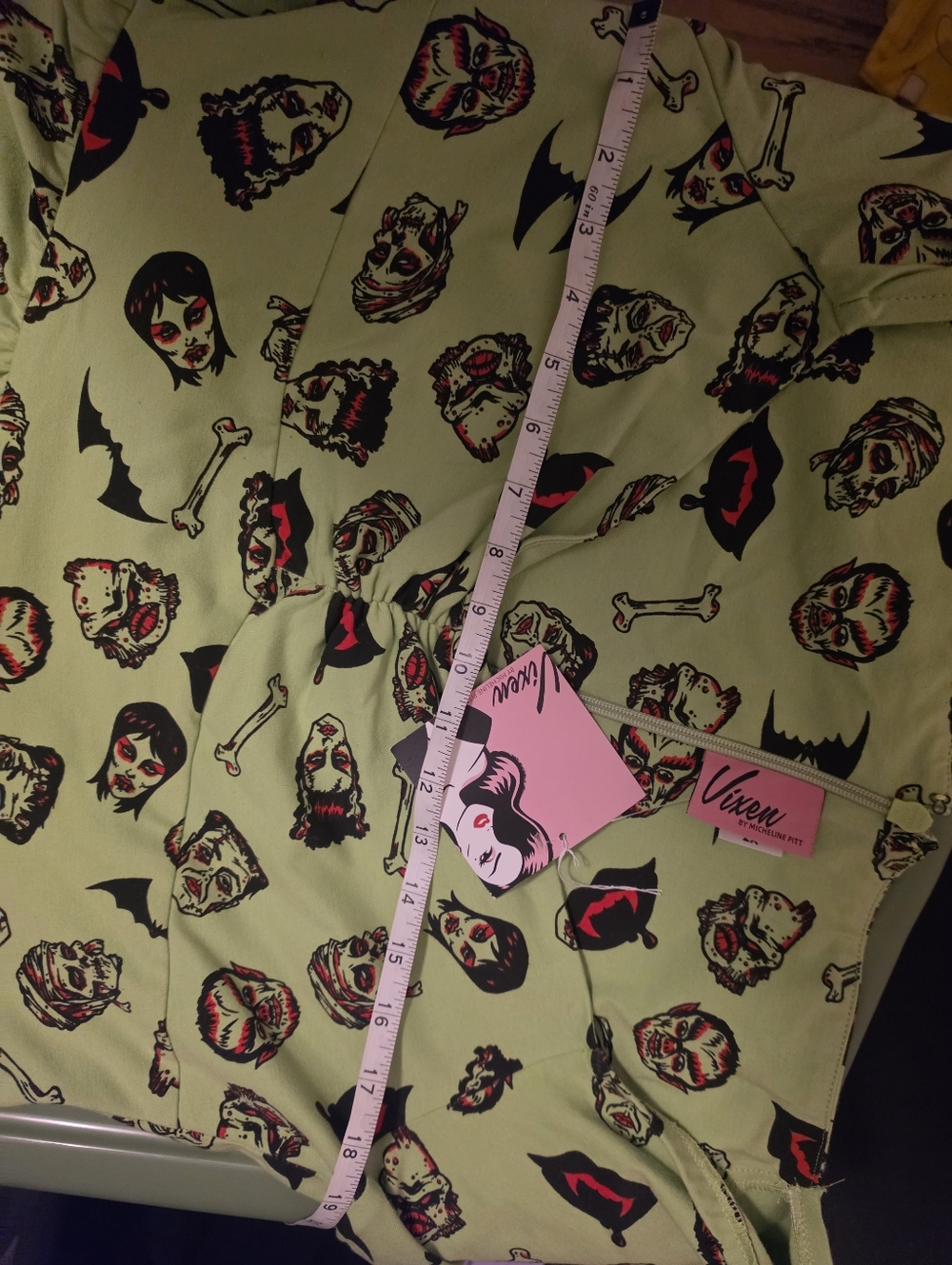 Vixen by Micheline Pitt Lime Green Gothic Print Midi Dress - Picture 6 of 7